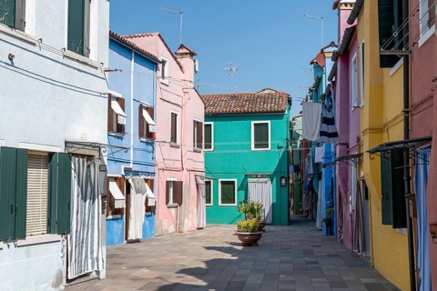 Colourful houses, colourful facades, alleyways on the island of Burano, Venice, Veneto, Italy,