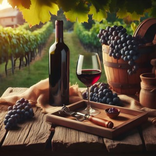 Food and drink background with red wine, fresh grapes and wine bottle. AI Generated, AI generated