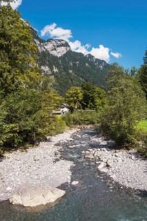 The river Chlü flows through the Klöntal, Canton Glarus, Switzerland, Europe
