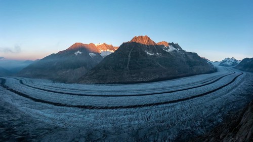 Aerial view of the Great Aletsch Glacier in the canton of Valais, Switzerland, Europe