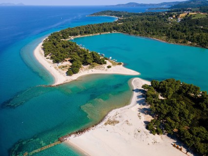 Aerial view, lagoon, beach and harbour, Glarokavos, Pallini, Kassandra Peninsula, Chalkidiki,