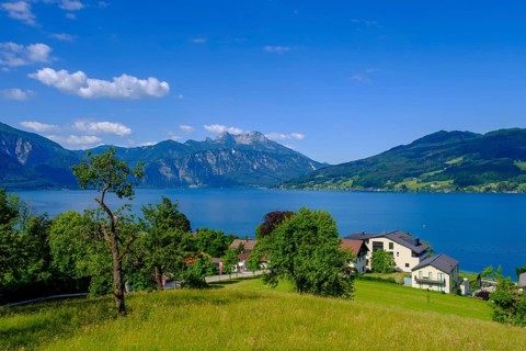 Steinbach am Attersee with Schafberg, Salzkammergut, Upper Austria, Austria, Europe
