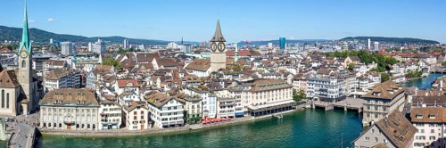Zurich skyline from above with river Limmat panorama in Zurich, Switzerland, Europe