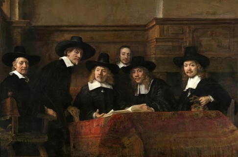 The members of the Amsterdam clothiers' guild known as the Syndics, painting by Rembrandt van Rijn