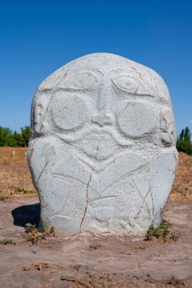 Balbals, historical gravestones in the shape of human faces, near Tokmok, Chuy, Kyrgyzstan, Asia