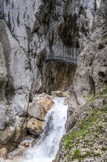 Bridge in the gorge, Hammersbach flows through Höllentalklamm, near Garmisch-Partenkirchen,