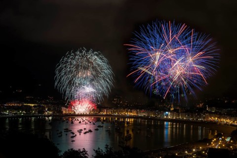 Panorama with fireworks, at night, view from Monte Igueldo, San Sebastian, Donostia, Basque