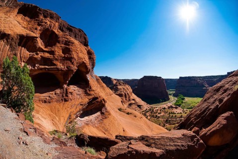 Backlight, sun, overview in Chelly Canyon National Park, Arizona, USA, North America