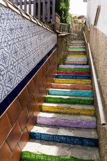 Art project with colourful steps, Escalera de colores, Ribadesella, Asturias, Asturias, Costa