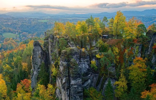 View from the Ferdinandstein to the rock castle Neurathen, Bastei, Lohmen, Saxon Switzerland, Elbe