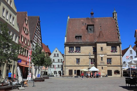 Germany, Middle Franconia, town of Weissenburg, houses and town hall on the market square, Europe