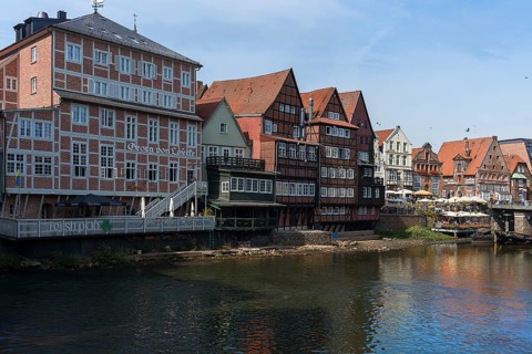 Historic half-timbered houses on the former harbour of the Ilmenau, Lüneburg, Lower Saxony,