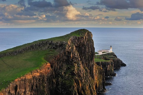 Neist Point Lighthouse at sunset on the Isle of Skye, Inner Hebrides, Scotland, UK