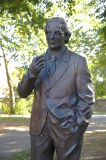 Detail of sculpture with Konrad Duden at Duden Zuse monument, statue, personality, Bad Hersfeld,