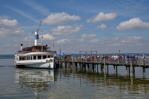 Excursion boat MS Herrsching at the jetty of Herrsching, Lake Ammer, Upper Bavaria, Bavaria,