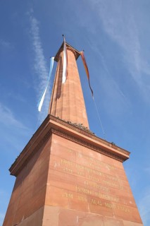 Ludwig monument with inscription and view upwards to the sky at Luisenplatz, Darmstadt,