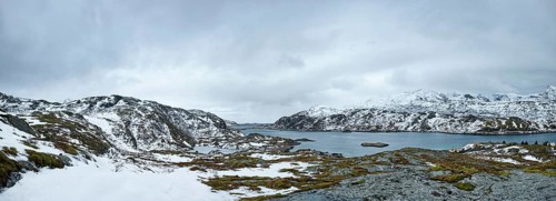 Panorama of norwegian fjord in winter, Lofoten islands, Norway, Europe