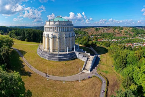 Aerial view, monument Befreiungshalle Kehlheim, round hall with dome, 45 m high, 29 m diameter,