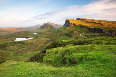 View of rocky landscape Quiraing, Trotternish Ridge, Highlands, Isle of Skye, Inner Hebrides,