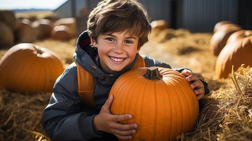 Happy young boy showing off his large ripe fall pumpkin at the pumpkin patch, generative AI