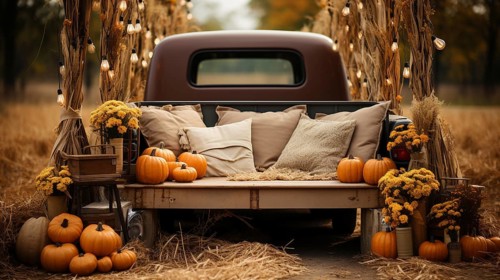 Vintage truck bed filled with fall themed decorations and pillows, generative AI
