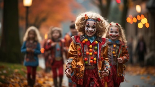 Cute little children dressed up as clowns for halloween walking down the sidewalk together,