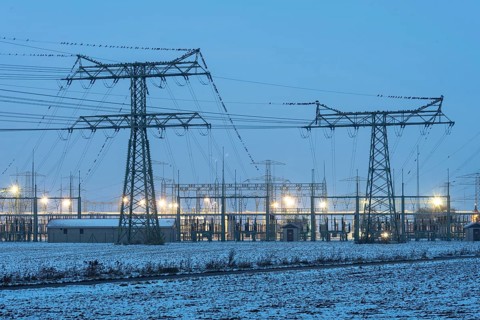 Power pylons at the Wolmirstedt substation, starting point of the 540-kilometre-long Suedostlink