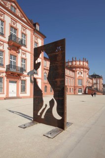 Horse figure in metal plate at Biebrich Castle, number, 75, hole, rusty, standing, looking through,