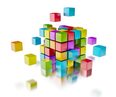 Business team teamwork collaboration concept, colorful color cubes assembling into cubic structure