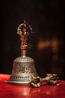 Tibetan Buddhist ritual objects still life, vajra and bell. Hemis gompa, Ladakh, India, Asia