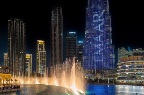 Night shot, water feature in Burj Khalifa Lake, Burk Khalifa, Downtown, Dubai, United Arab