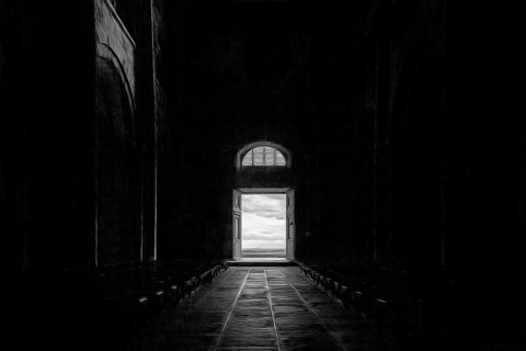 Incidence of light, door to terrace with view, Mont Saint Michel, dusk, stillness, illustration,