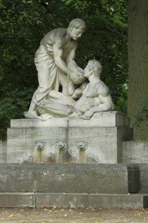 Samaritan fountain with two figures, fountain, Samaritan, allegory, help, helper, charity, give,