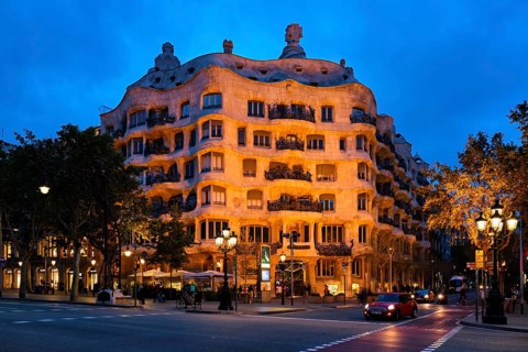 BARCELONA, SPAIN, APRIL 17, 2019: Night view of famous Casa Mila house know as La Pedrera modernist