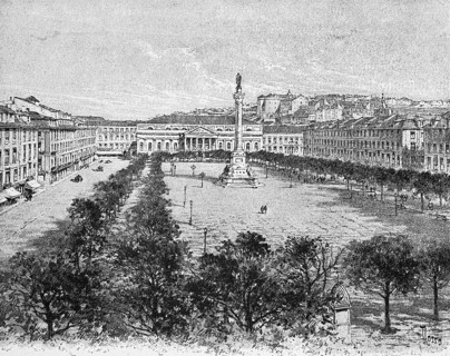Praça Dom Pedro IV, Crown Prince Square, Lisbon, city view, park, fountain, trees, paths, people,