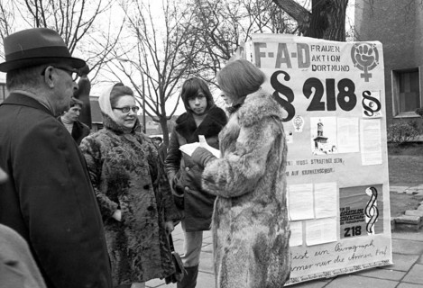 Frauen Aktion Dortmund (FAD) collects signatures at a stand in Dortmund city centre in protest