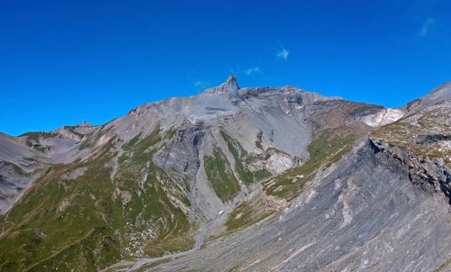 The rock tooth Tita Seri stretches into the blue sky, Bernese Alps, Ovronnaz, Valais, Switzerland,