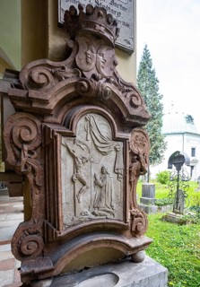 Crypt arcades, grave counters in the arcade of the Sebastian Cemetery, Church of St. Peter,
