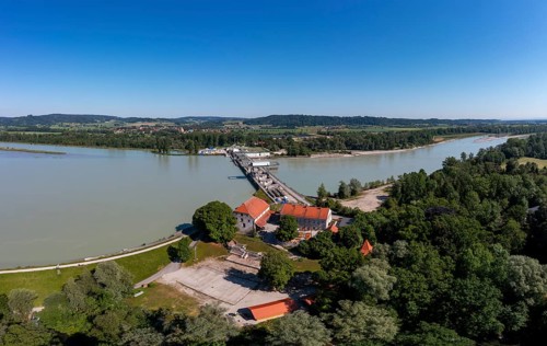 Drone shot, Inn power plant Ering Frauenstein, Frauenstein Castle, Mining, Inn, Innviertel, Upper