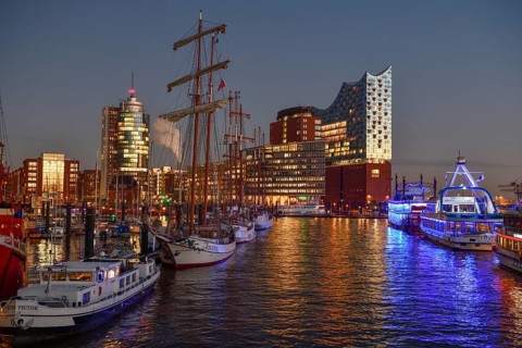 View over Hamburg harbour to the Elbe Philharmonic Hall, blue hour, Hafencity, Hamburg, Germany,