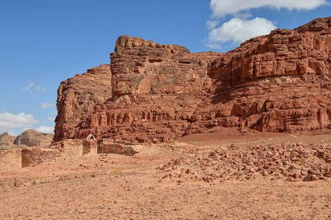 Islamic period buildings in front of the rocks of Dadan or Dedan, near AlUla, Medina Province,