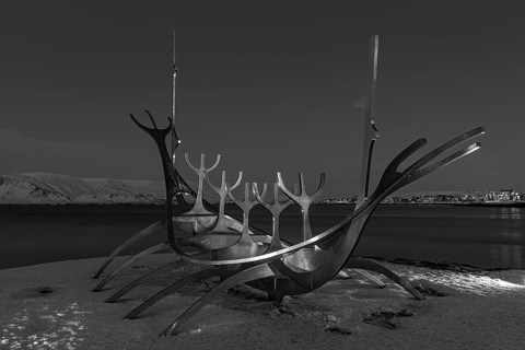 Viking ship sculpture, Sun Voyager, black and white photograph, Reykjavik, Reykjanes Peninsula,