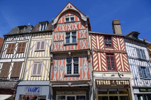 Half-timbered facades on the Place Charles Surugue, Auxerre, Département Yonne, Region