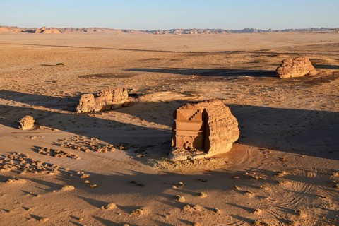 Qasr Al-Farid, 2000-year-old tomb of the Nabataeans, aerial view, Hegra or Madain Salih, AlUla