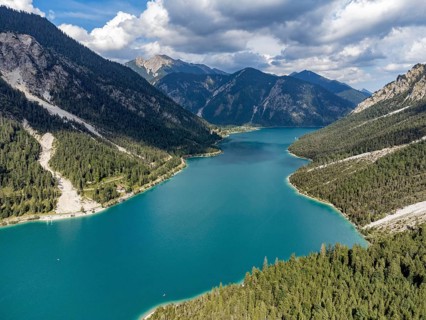 Aerial view of Plansee, Reutte, Ammergau Alps, Tyrol Austria, Plansee, Tyrol, Austria, Europe