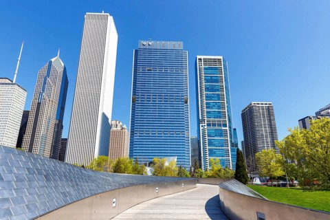 Chicago skyline skyscraper skyscrapers and BP Pedestrian Bridge bridge skyscraper in Chicago, USA,