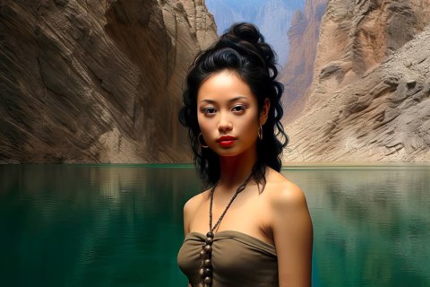 Beautiful young Asian woman with dark hair in front of a mountain valley near a colourful lake,