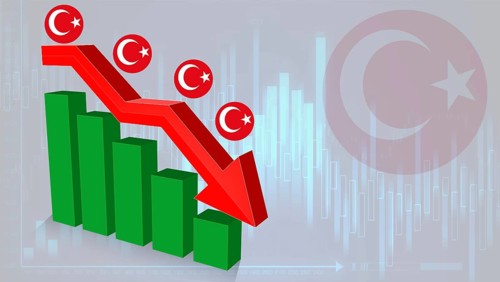 Fall of the Turkey Economy. Recession graph with a red arrow on the Turkey flag, inflation