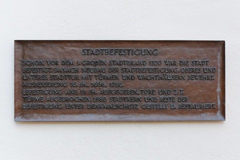 Sign at Werdenberg Castle, plaque, writing, letters, text on the town fortifications, Werdenberg
