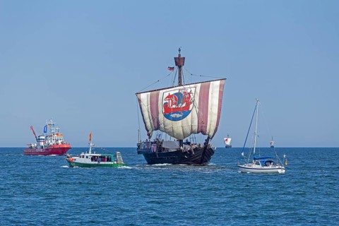 Hanseatic Cog, Baltic Sea, Hanse Sail, Warnemünde, Rostock, Mecklenburg-Western Pomerania, Germany,